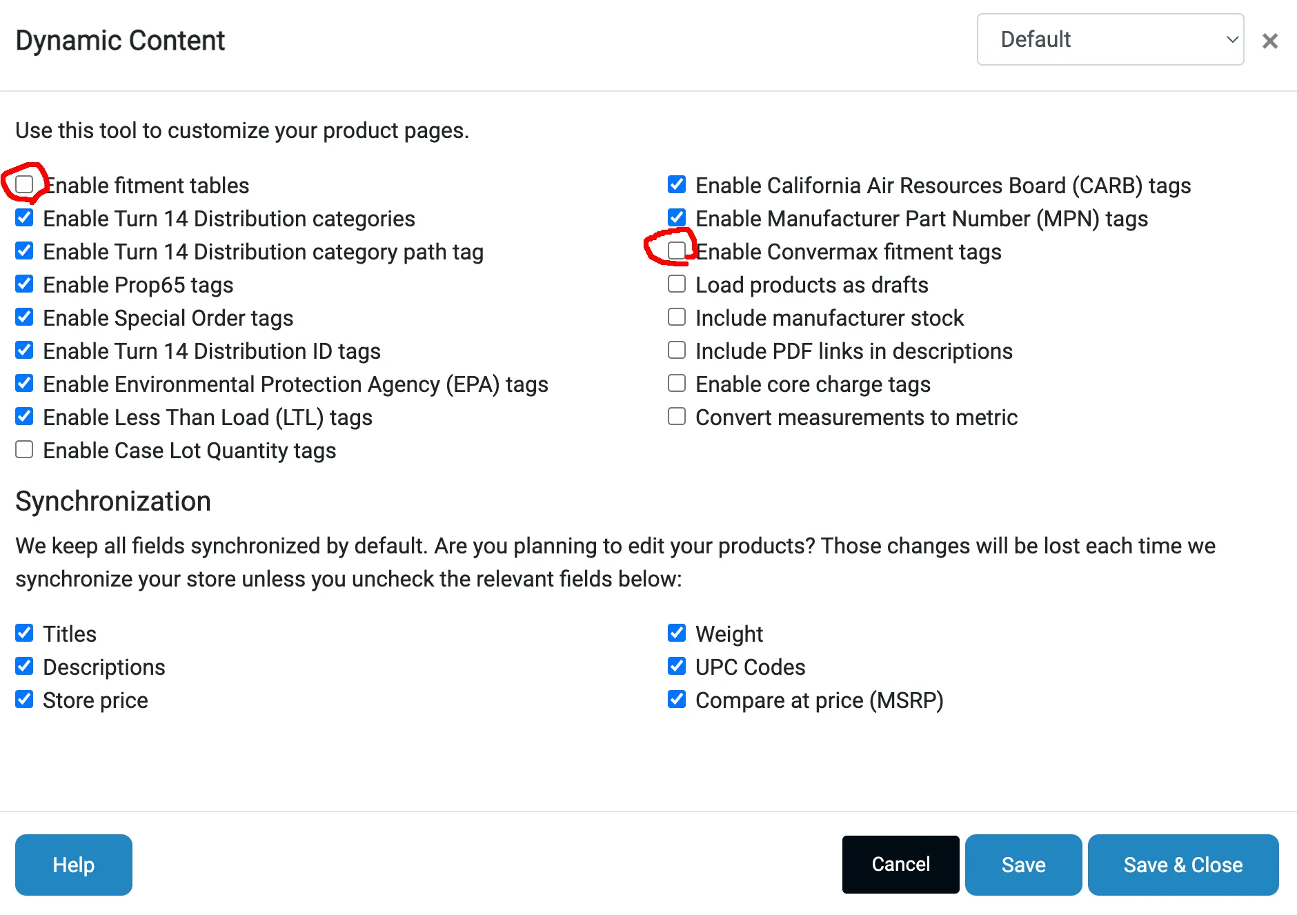 The Dynamic Content options, with fitment tables and Convermax fitment tags unchecked